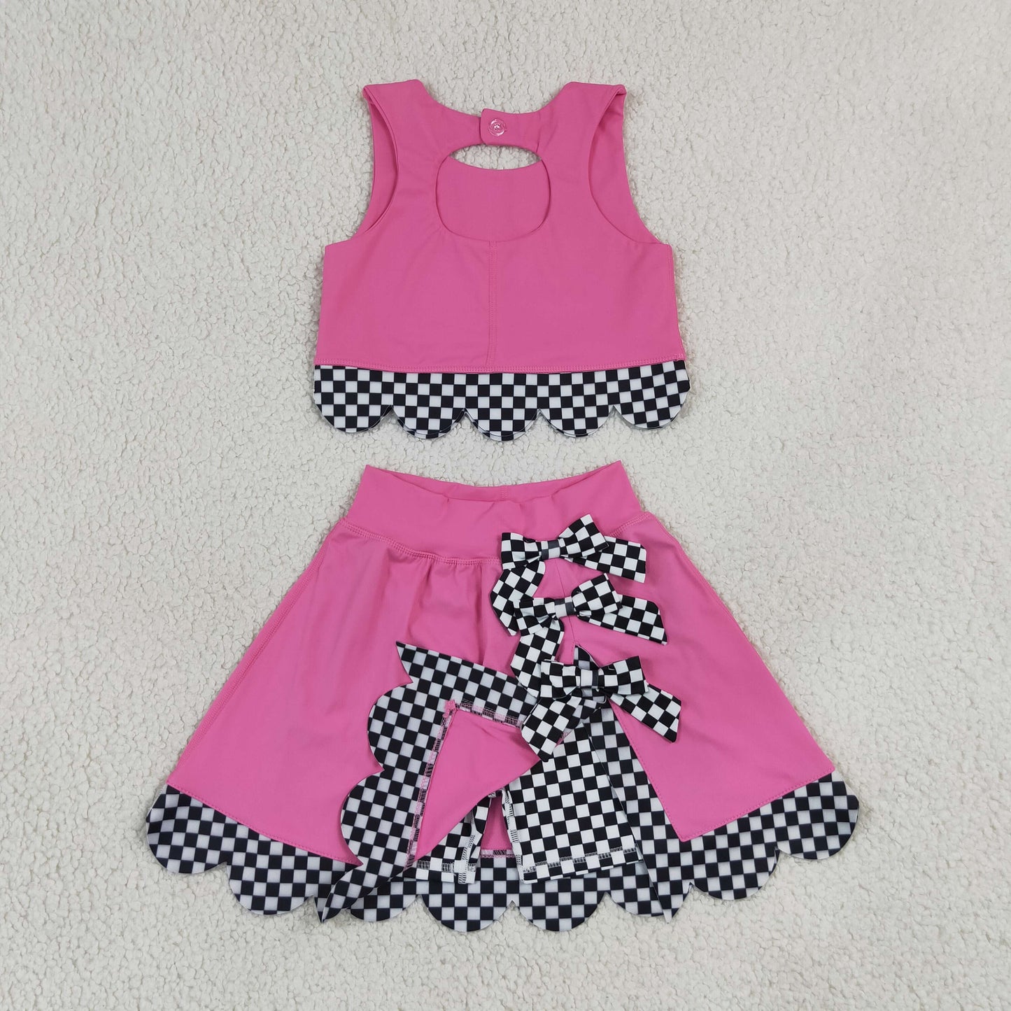 GSD3926 Black Plaid Bows Wave Ruffle Rose Red Sleeveless Top with Skirts for Girls Yoga Sets 202607 RTS
