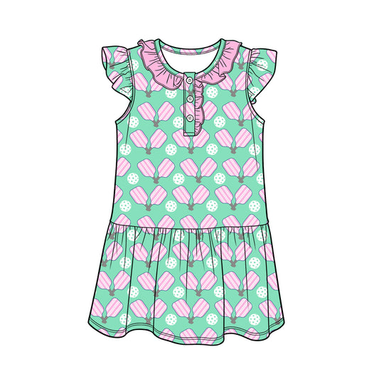 MOQ 5 PCS Preorder GSD3927 Racket Pink Ruffle Light Green Fly Sleeve Dresses for Girls 202603