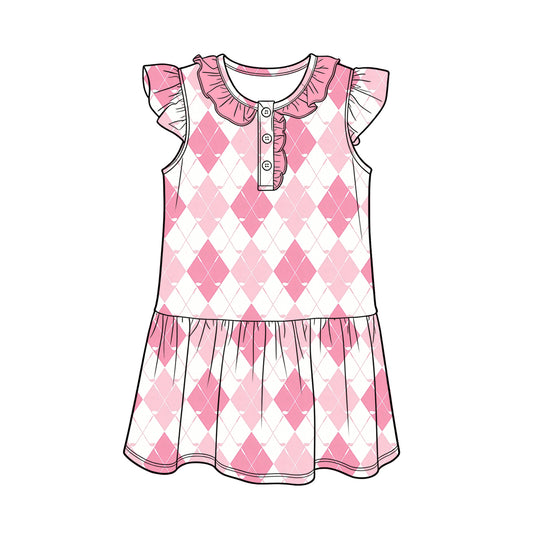 MOQ 5 PCS Preorder GSD3928 Golf Pattern Plaid Pink Ruffle Fly Sleeve Dresses for Girls 202603