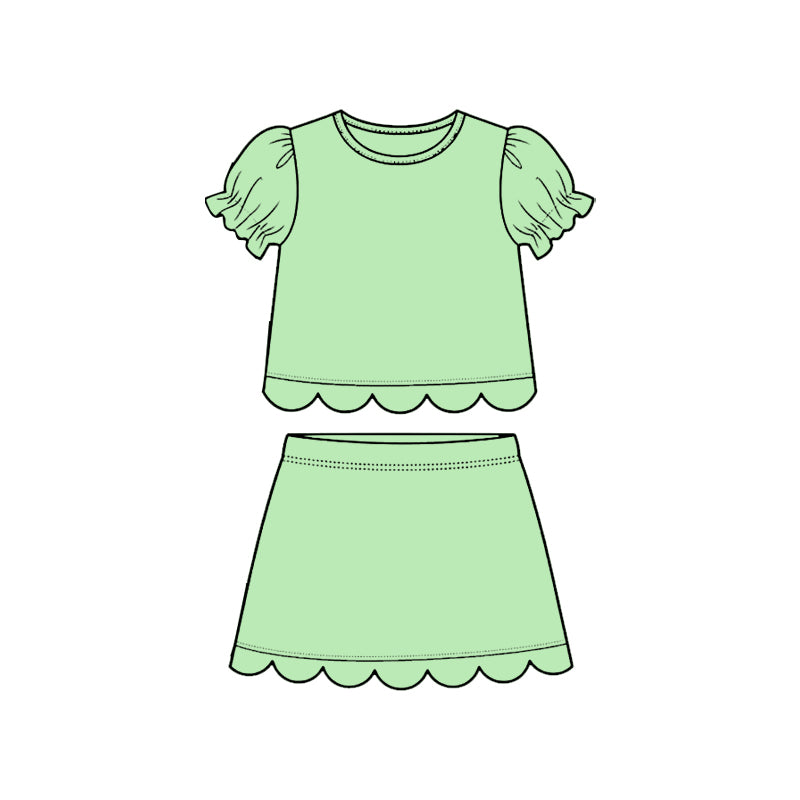 MOQ 30 PCS Preorder GSD3929 Solid Light Green Wave Ruffle Short Sleeve with Skirts for Girls Sets 202603