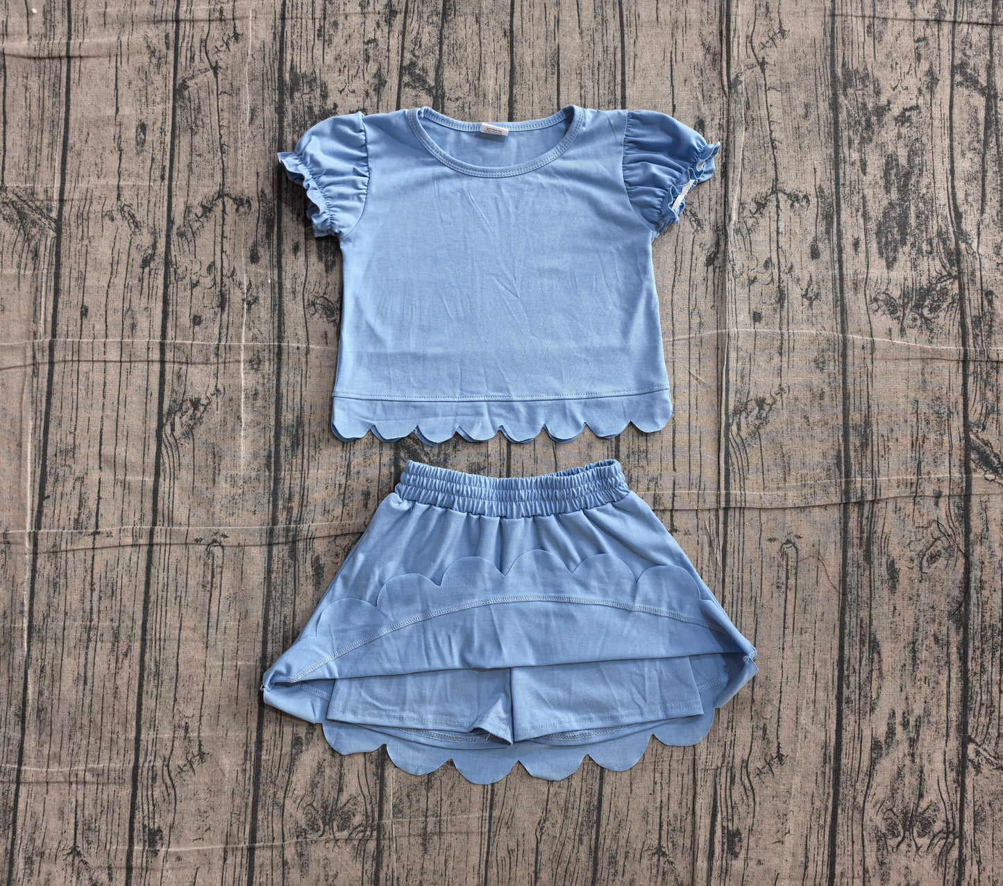 NO MOQ Preorder GSD3933 Solid Sky Blue Wave Ruffle Short Sleeve with Skirts for Girls Sets 202606