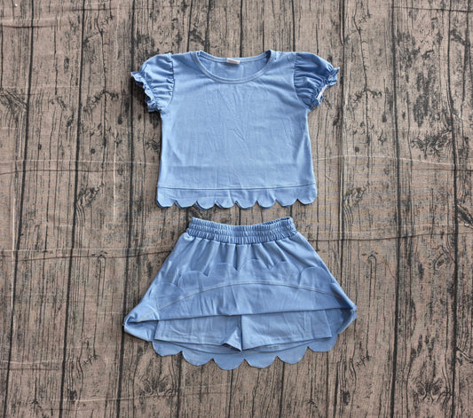 NO MOQ Preorder GSD3933 Solid Sky Blue Wave Ruffle Short Sleeve with Skirts for Girls Sets 202606
