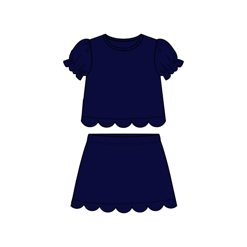 MOQ 30 PCS Preorder GSD3934 Solid Navy Wave Ruffle Short Sleeve with Skirts for Girls Sets 202603
