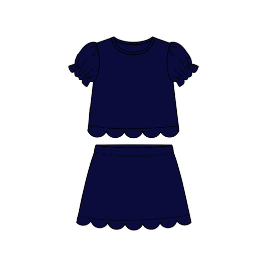 MOQ 30 PCS Preorder GSD3934 Solid Navy Wave Ruffle Short Sleeve with Skirts for Girls Sets 202603