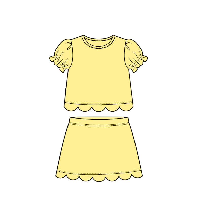 MOQ 30 PCS Preorder GSD3936 Solid Yellow Wave Ruffle Short Sleeve with Skirts for Girls Sets 202603