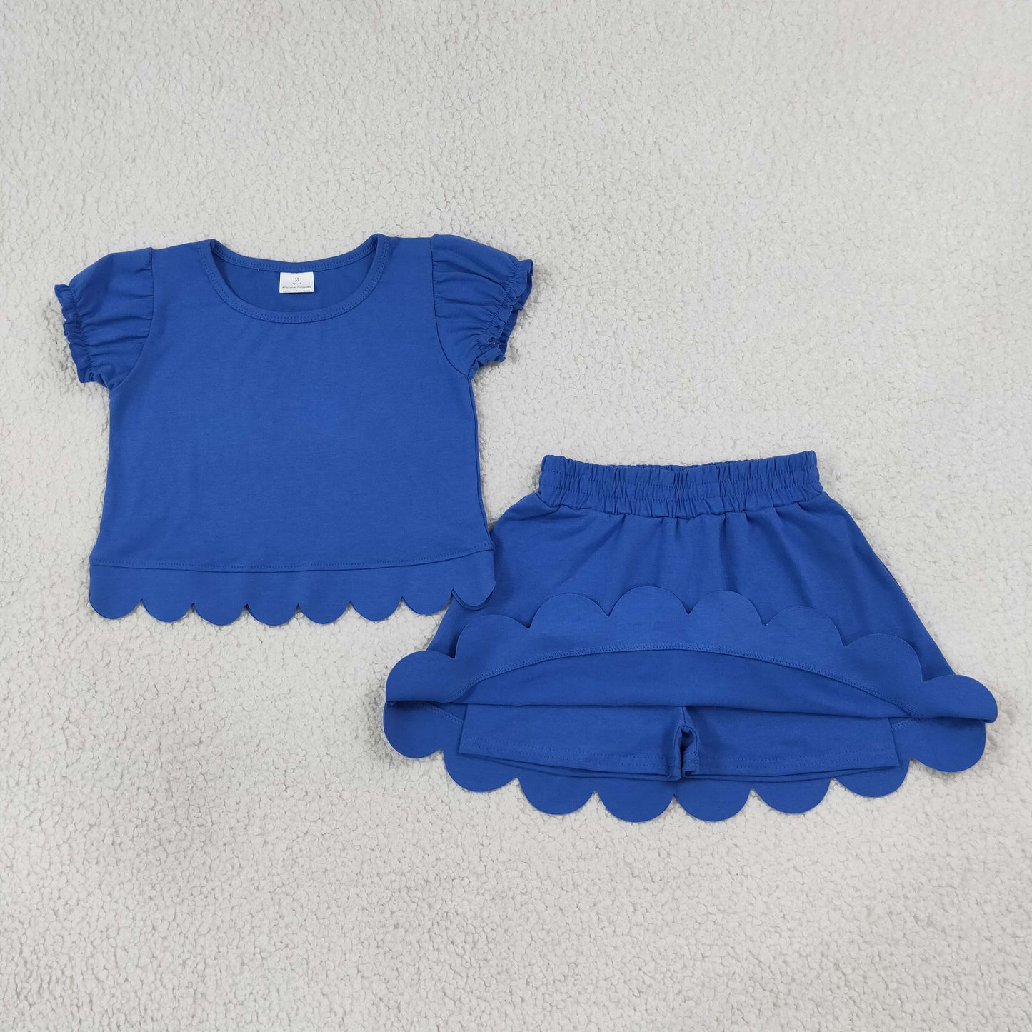 GSD3937 Solid Blue Wave Ruffle Short Sleeve with Skirts for Girls Sets 202607 RTS