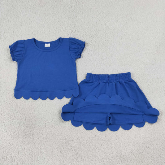 GSD3937 Solid Blue Wave Ruffle Short Sleeve with Skirts for Girls Sets 202607 RTS