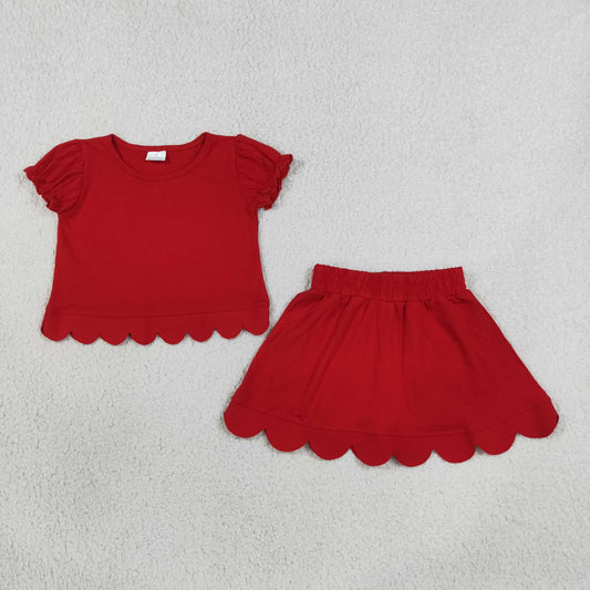 GSD3938 Solid Red Wave Ruffle Short Sleeve with Skirts for Girls Sets 202607 RTS