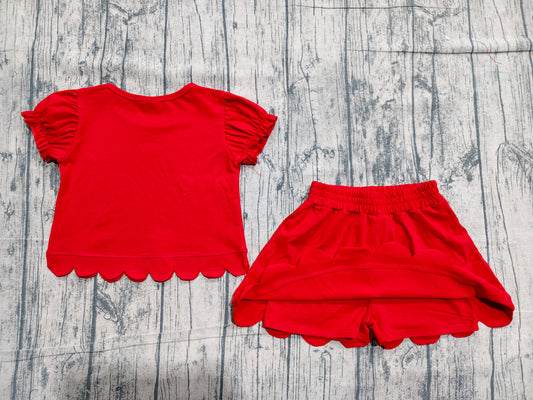 NO MOQ Preorder GSD3938 Solid Red Wave Ruffle Short Sleeve with Skirts for Girls Sets 202604