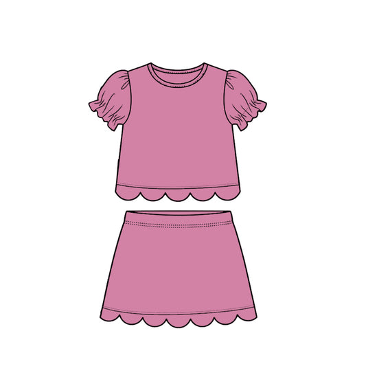 MOQ 30 PCS Preorder GSD3939 Solid Pink Purple Wave Ruffle Short Sleeve with Skirts for Girls Sets 202603