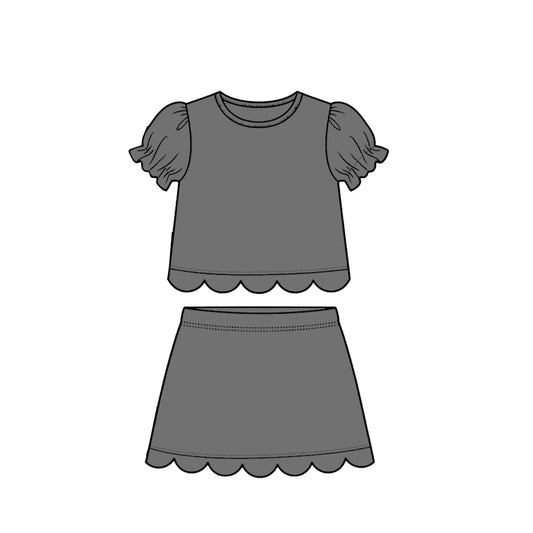 MOQ 30 PCS Preorder GSD3941 Solid Gray Wave Ruffle Short Sleeve with Skirts for Girls Sets 202603