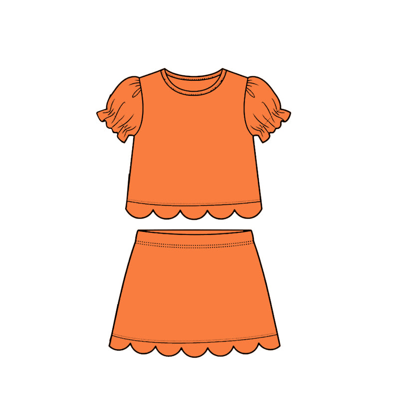 MOQ 30 PCS Preorder GSD3942 Solid Orange Wave Ruffle Short Sleeve with Skirts for Girls Sets 202603
