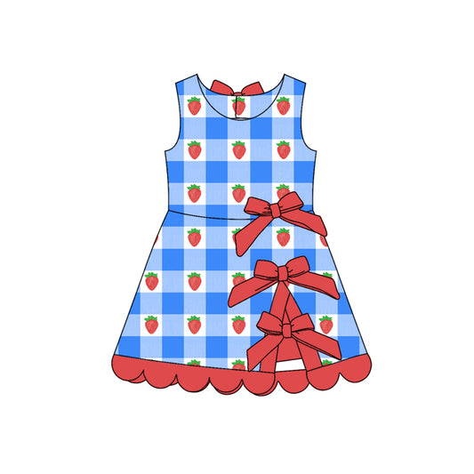 MOQ 30 PCS Preorder GSD3946 Strawberry Blue Plaid Red Bows Wave Ruffle Sleeveless Yoga Dresses for Girls 202603