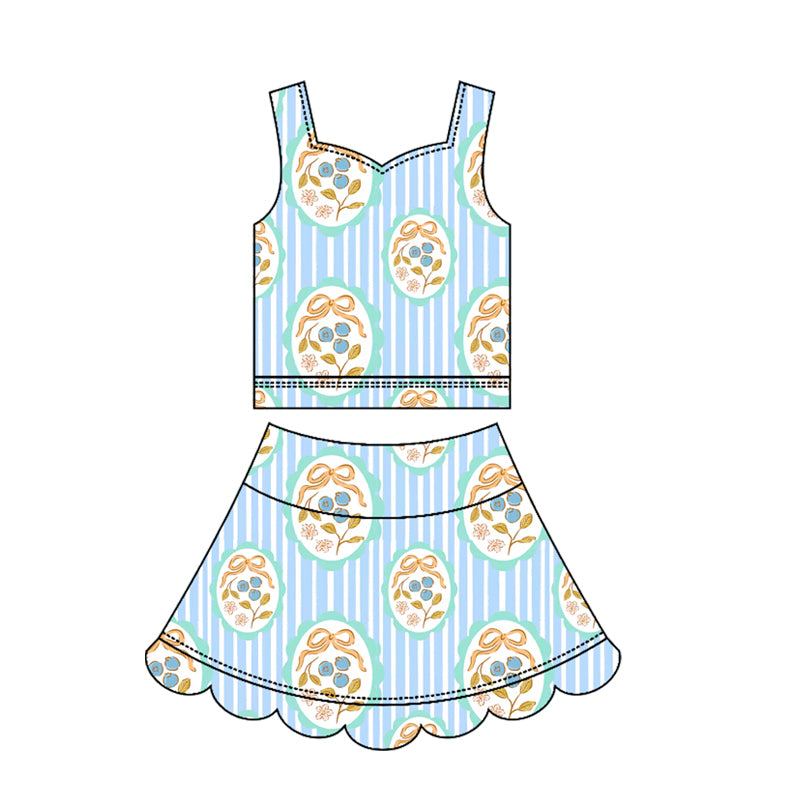 MOQ 30 PCS preorder GSD3951 Bows Blue Stripe Wave Ruffle Sleeveless Top with Skirts for Girls Yoga Sets 202603