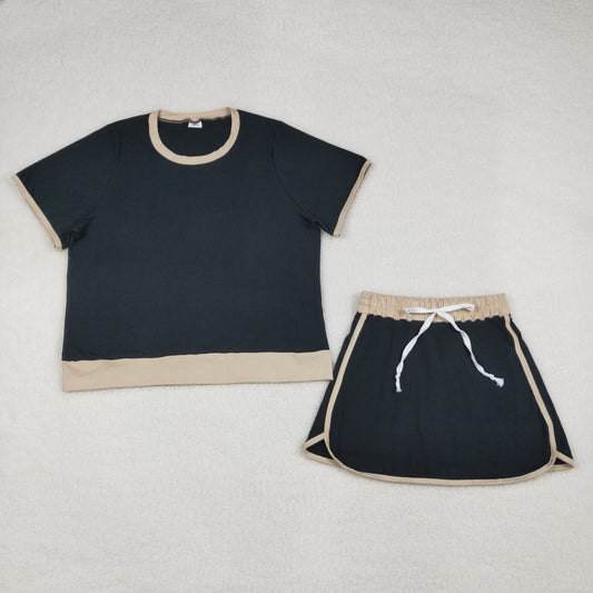 GSD3954 Adult Female Beige Black Patchwork Short Sleeve Top with Skirts Cotton Sets 202604 RTS