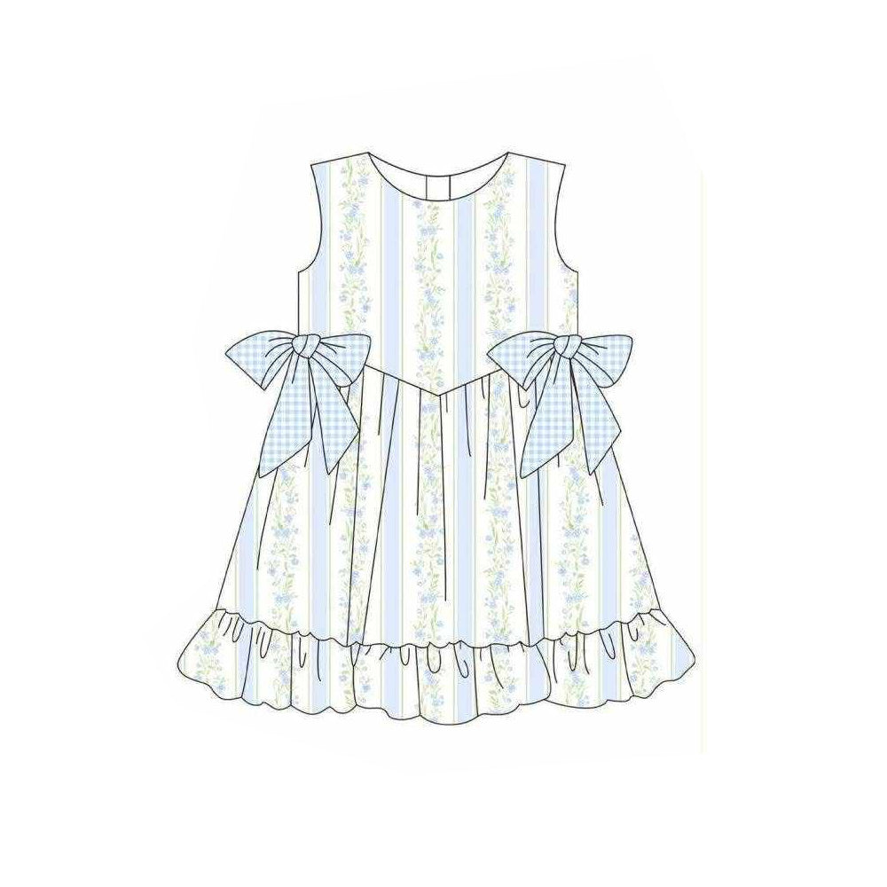 MOQ 5 PCS Preorder GSD3955 Flower Stripe Blue Plaid Bows Ruffle Sleeveless Dresses for Girls 202603