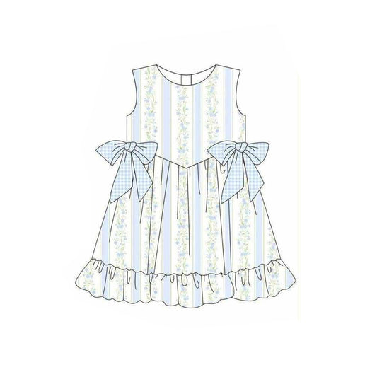 MOQ 5 PCS Preorder GSD3955 Flower Stripe Blue Plaid Bows Ruffle Sleeveless Dresses for Girls 202603