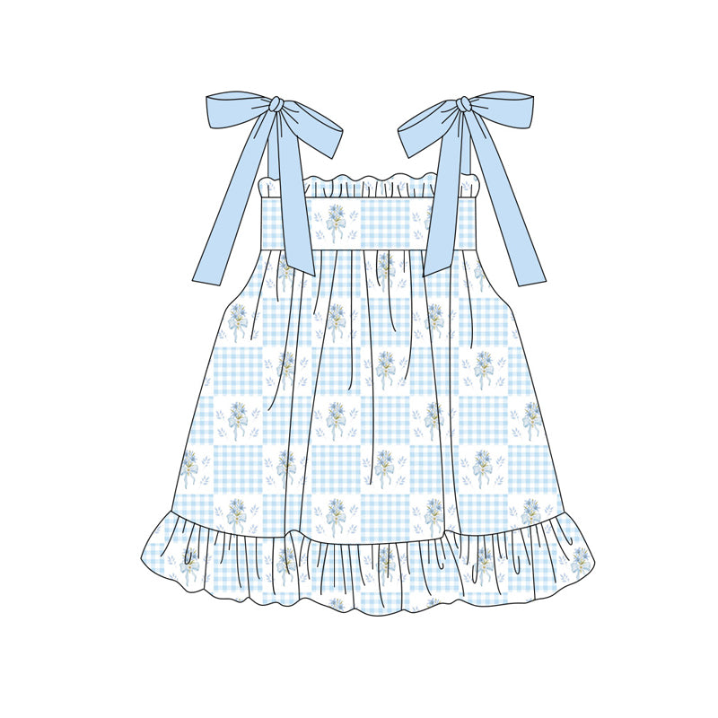 MOQ 5 PCS Preorder GSD3956 Flower Blue Plaid Ruffle Halter Dresses for Girls 202603