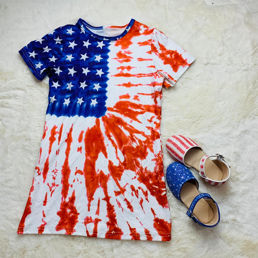 MOQ 5 PCS Preorder GSD3957 4th of July Star Red Blue Short Sleeve Dresses for Girls 202603