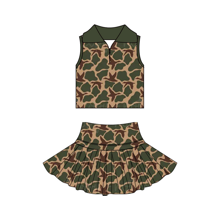 MOQ 5 PCS preorder GSD3968 Duck Hunting Brown Green Camouflage Polo Sleeveless Top with Skirts for Girls Yoga Sets 202603