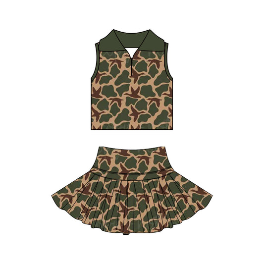MOQ 5 PCS preorder GSD3968 Duck Hunting Brown Green Camouflage Polo Sleeveless Top with Skirts for Girls Yoga Sets 202603