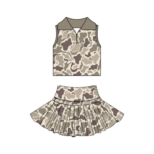 MOQ 5 PCS preorder GSD3970 Beige Green Brown Camouflage Polo Sleeveless Top with Skirts for Girls Yoga Sets 202603