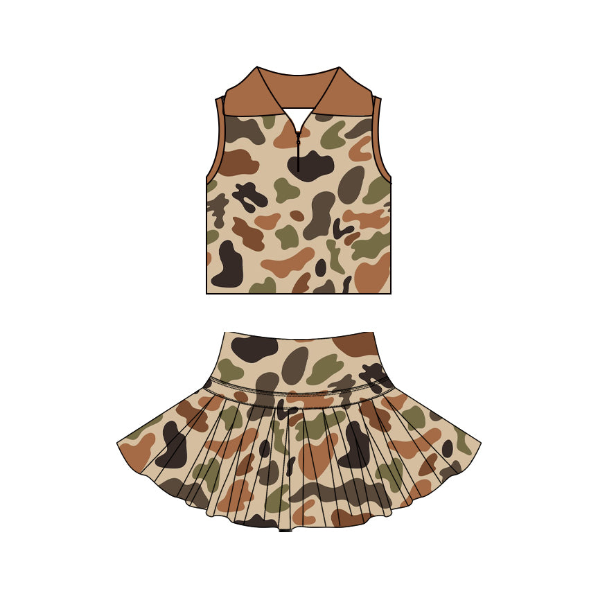 MOQ 5 PCS preorder GSD3971 Brown Camouflage Polo Sleeveless Top with Skirts for Girls Yoga Sets 202603
