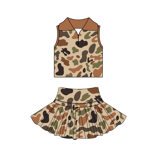 MOQ 5 PCS preorder GSD3971 Brown Camouflage Polo Sleeveless Top with Skirts for Girls Yoga Sets 202603