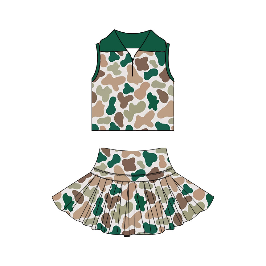 MOQ 5 PCS preorder GSD3972 Green Camouflage Polo Sleeveless Top with Skirts for Girls Yoga Sets 202603