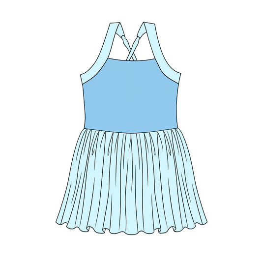 MOQ 5 PCS Preorder GSD3978 Dark Light Blue Patchwork Halter Yoga Dresses for Girls 202603