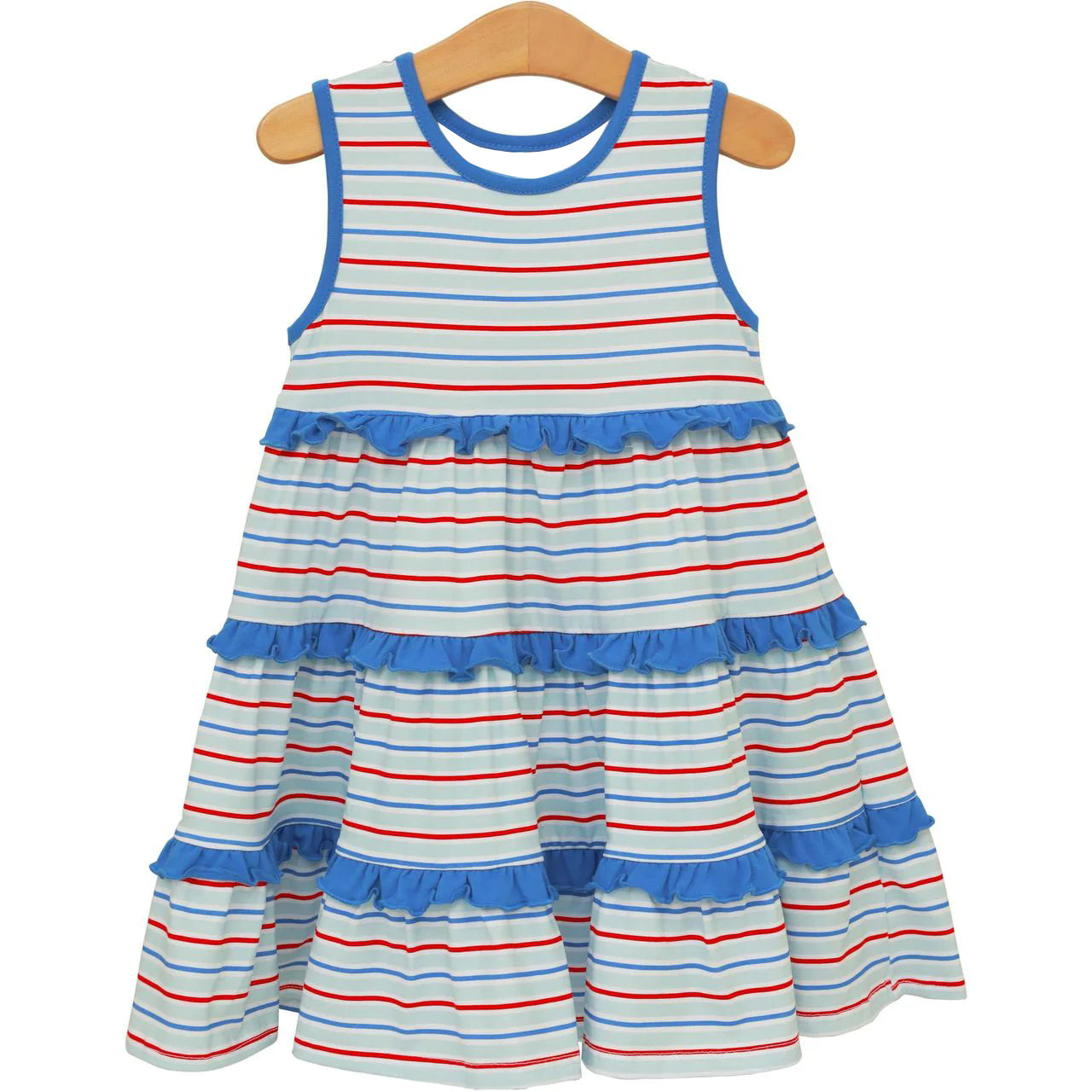 MOQ 5 PCS Preorder GSD3985 4th of July Red Blue Stripe Ruffle Sleeveless Dresses for Girls 202603