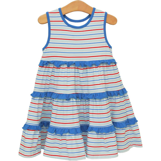 MOQ 5 PCS Preorder GSD3985 4th of July Red Blue Stripe Ruffle Sleeveless Dresses for Girls 202603