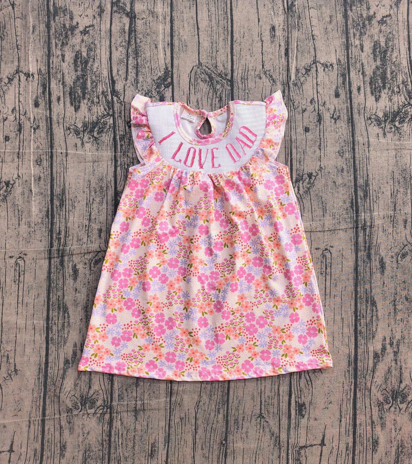 NO MOQ Preorder GSD3986 Smocked I LOVE DAD Floral Bows Pink Short Sleeve Dresses for Girls 202604