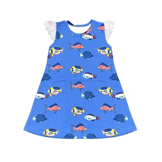 MOQ 5 PCS Preorder GSD3992 Fish Pattern Fly Sleeve Blue Dresses for Girls 202603