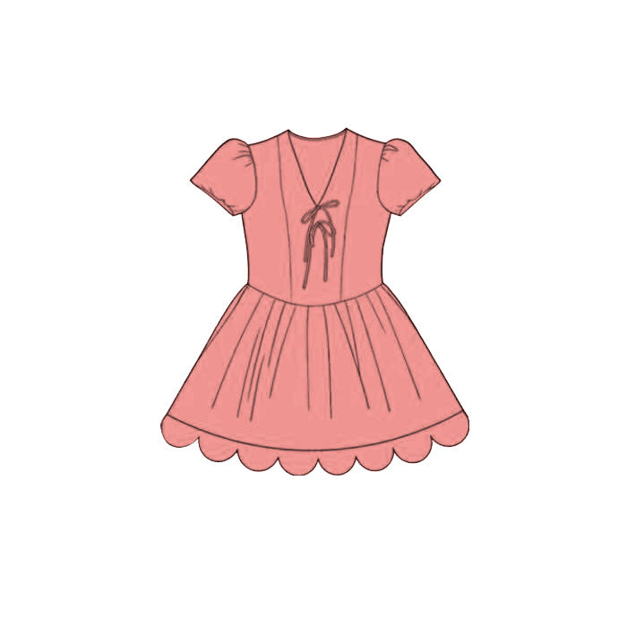 MOQ 30 PCS Preorder GSD3996 Solid Pink V-Neck Bows Wave Ruffle Short Sleeve Dresses for Girls 202603