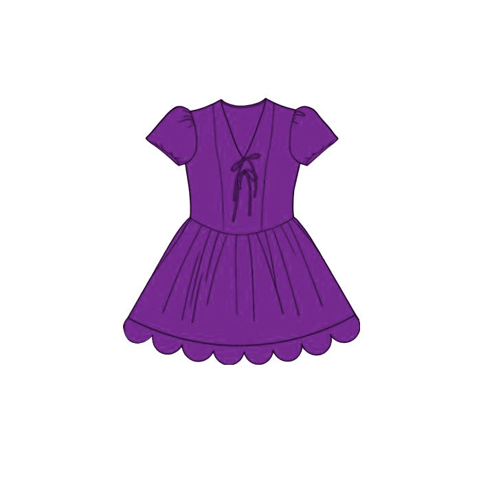 MOQ 30 PCS Preorder GSD3997 Solid Purple V-Neck Bows Wave Ruffle Short Sleeve Dresses for Girls 202603
