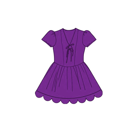 MOQ 30 PCS Preorder GSD3997 Solid Purple V-Neck Bows Wave Ruffle Short Sleeve Dresses for Girls 202603