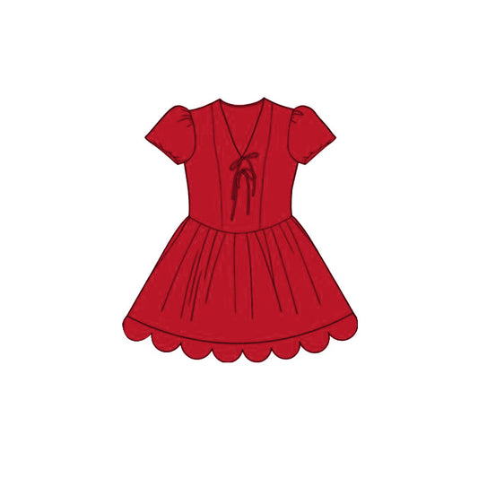 MOQ 30 PCS Preorder GSD3999 Solid Red V-Neck Bows Wave Ruffle Short Sleeve Dresses for Girls 202603