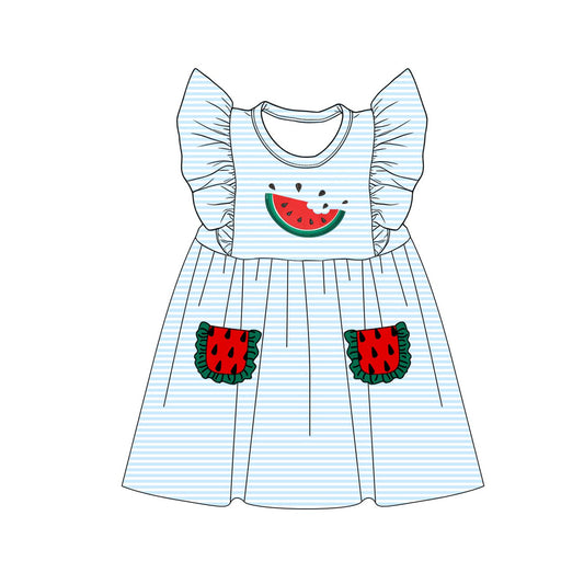 MOQ 5 PCS Preorder GSD4001 Watermelon Ruffle Pocket Light Blue Stripe Flying Sleeve Dresses for Girls 202603