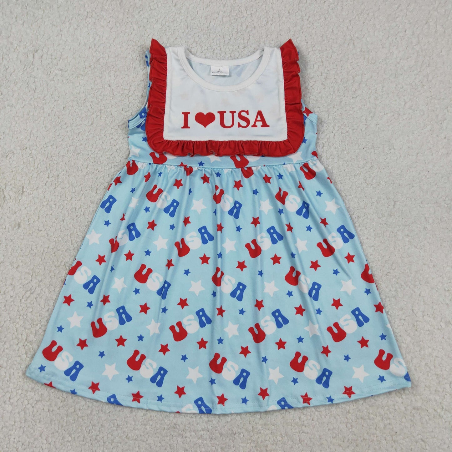 GSD4002 4th of July I Love USA Red Ruffle Sleeveless Dresses for Girls 202604 RTS