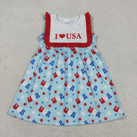 GSD4002 4th of July I Love USA Red Ruffle Sleeveless Dresses for Girls 202604 RTS