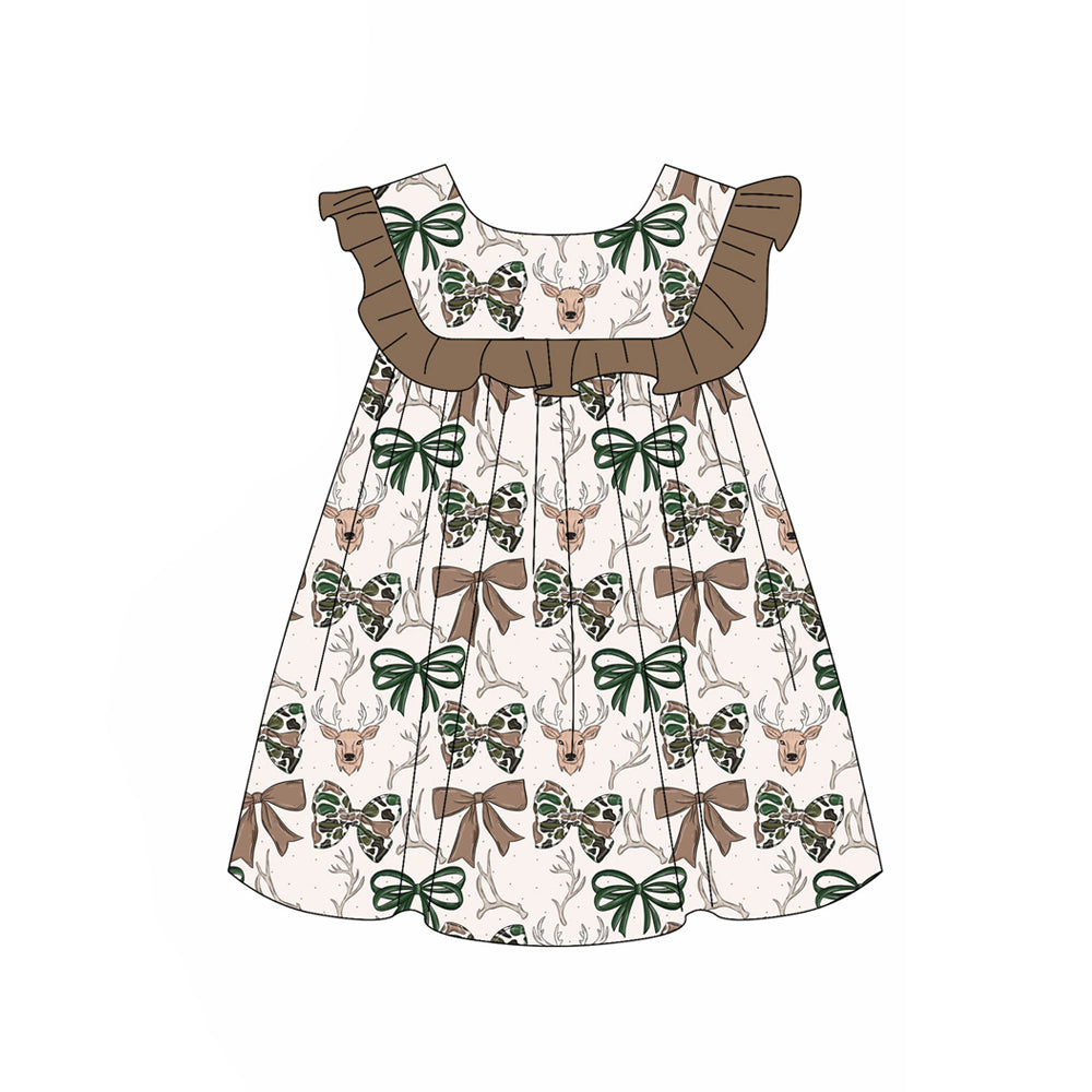 MOQ 5 PCS Preorder GSD4004 Deer Hunting Camo Bows Brown Ruffle Fly Sleeve Dresses for Girls 202603