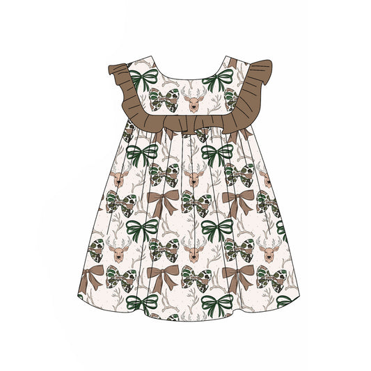 MOQ 5 PCS Preorder GSD4004 Deer Hunting Camo Bows Brown Ruffle Fly Sleeve Dresses for Girls 202603