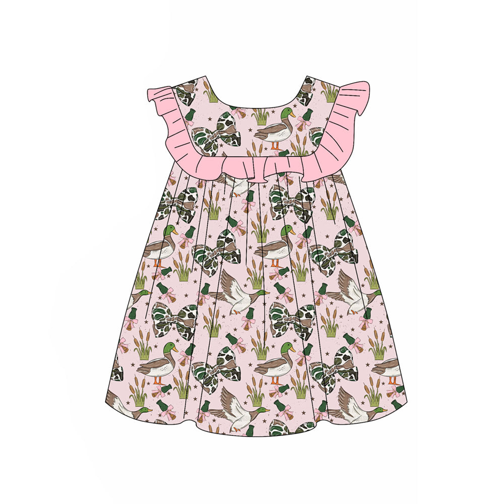 MOQ 5 PCS Preorder GSD4005 Duck Hunting Camo Bows Pink Ruffle Fly Sleeve Dresses for Girls 202603