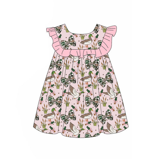 MOQ 5 PCS Preorder GSD4005 Duck Hunting Camo Bows Pink Ruffle Fly Sleeve Dresses for Girls 202603