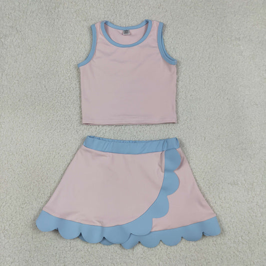 GSD4010 Light Pink Blue Wave Ruffle Sleeveless Top with Skirts for Girls Yoga Sets 202605 RTS