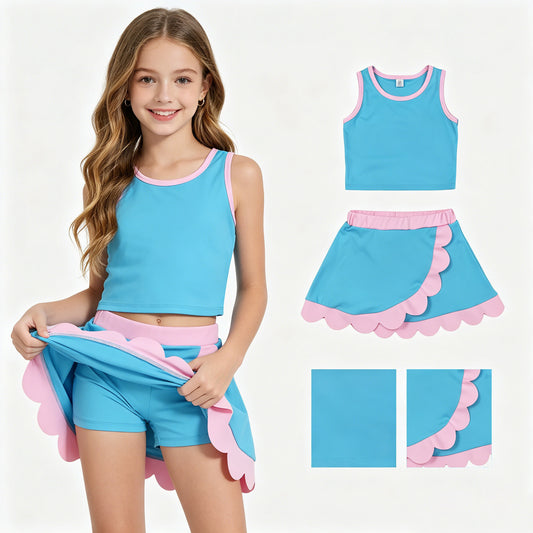 GSD4013 Blue Green Pink Wave Ruffle Sleeveless Top with Skirts for Girls Yoga Sets 202605 RTS