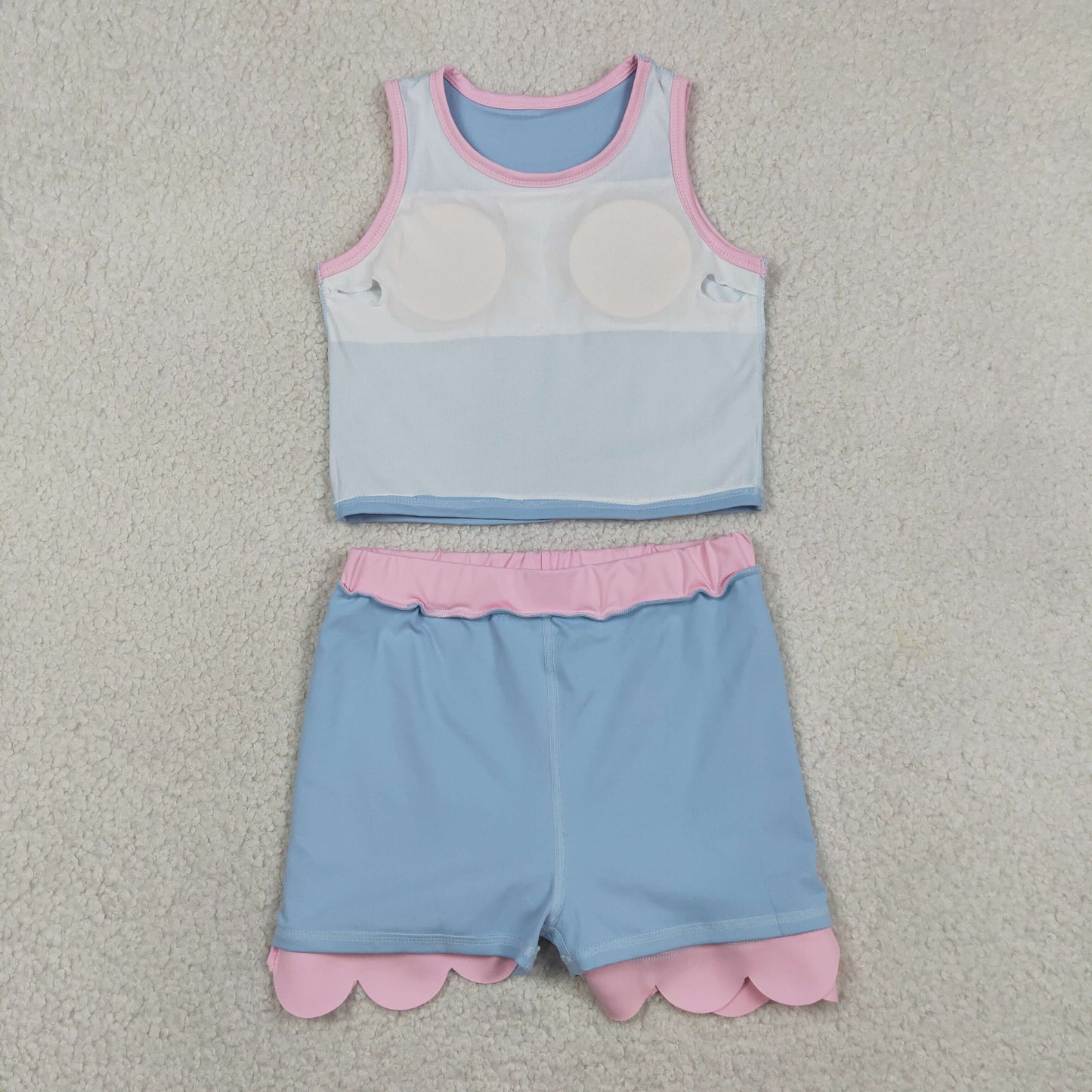 GSD4014 Sky Blue Pink Wave Ruffle Sleeveless Top with Skirts for Girls Yoga Sets 202605