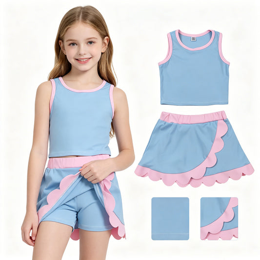 GSD4014 Sky Blue Pink Wave Ruffle Sleeveless Top with Skirts for Girls Yoga Sets 202605