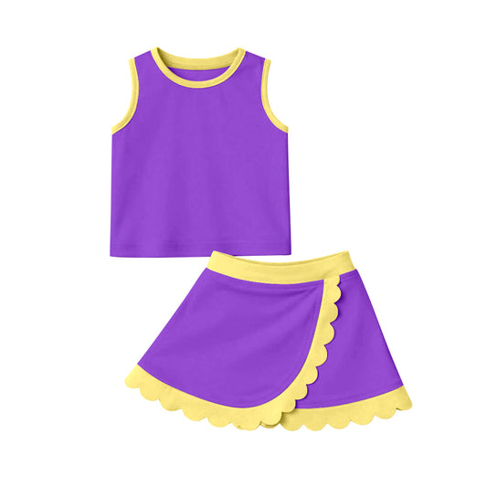MOQ 30 PCS preorder GSD4015 Purple Yellow Wave Ruffle Sleeveless Top with Skirts for Girls Yoga Sets 202603